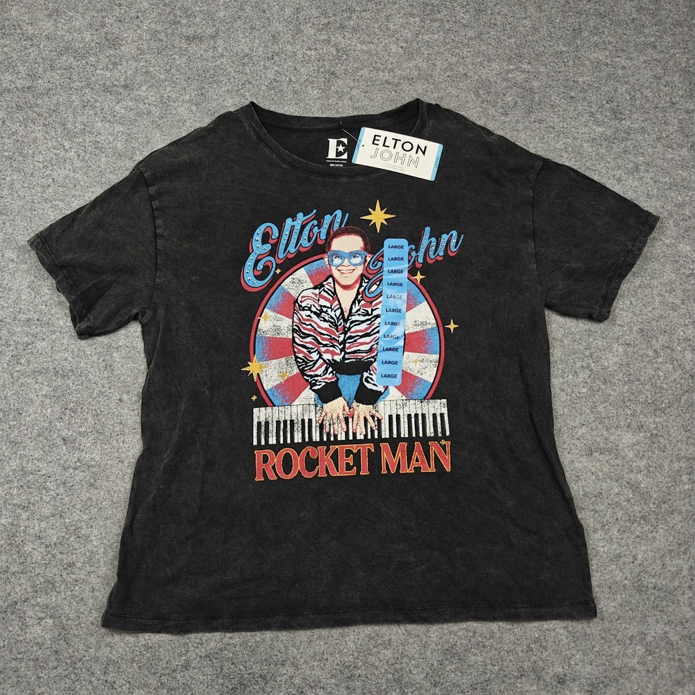 Elton John Shirt Mens Large Black Rocket Man Piano Graphic Band Tee Music
